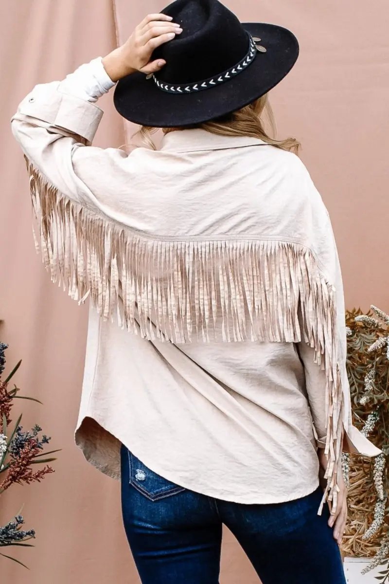 And The Why Full Size Fringe Back Detailed Button Down Shacket - Love Salve